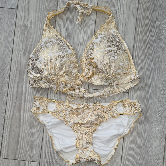 Victoria's Secret Other - Victoria's Secret Gold Foil Paisley Embellished Bikini Set